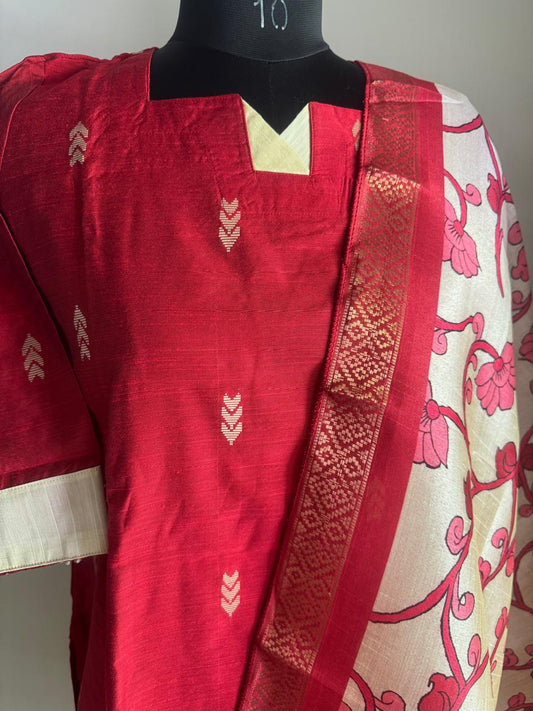 CHERRY RED RAW SILK SUIT