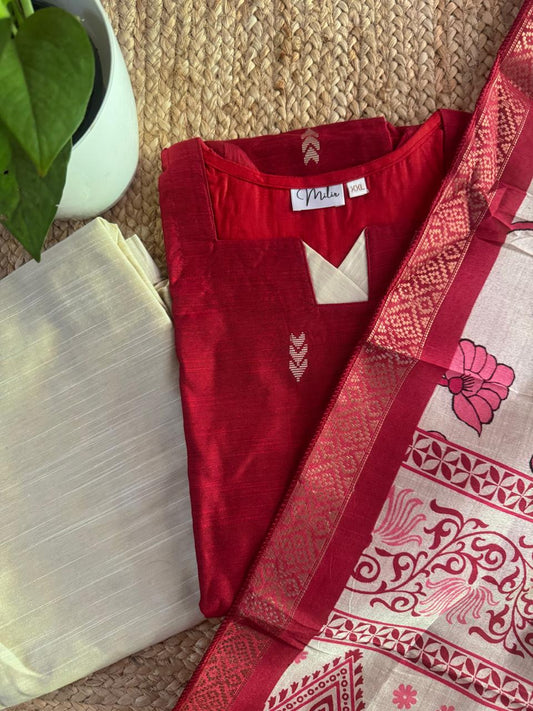 CHERRY RED RAW SILK SUIT