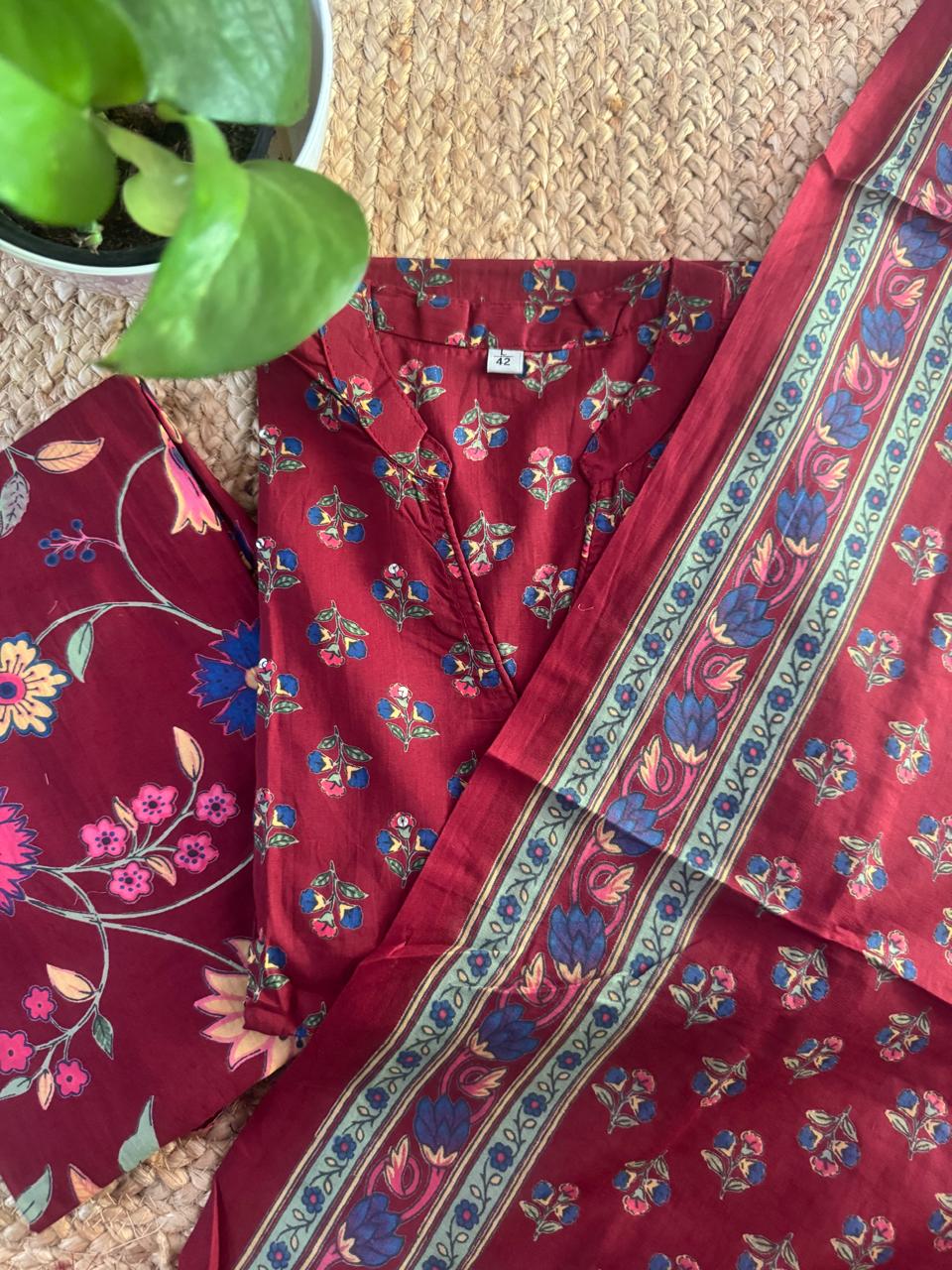 MAROON ANGHRAKA COTTON SUIT