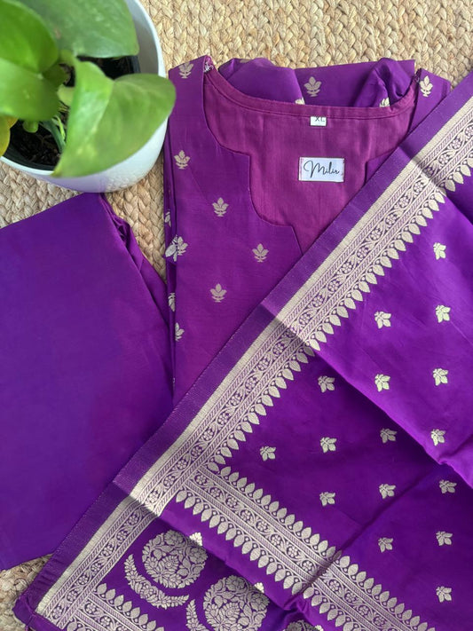 PURPLE CHECKED RAW SILK SUIT