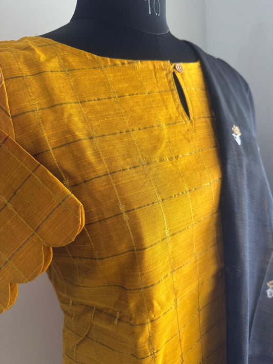 YELLOW CHECKED RAW SILK SUIT