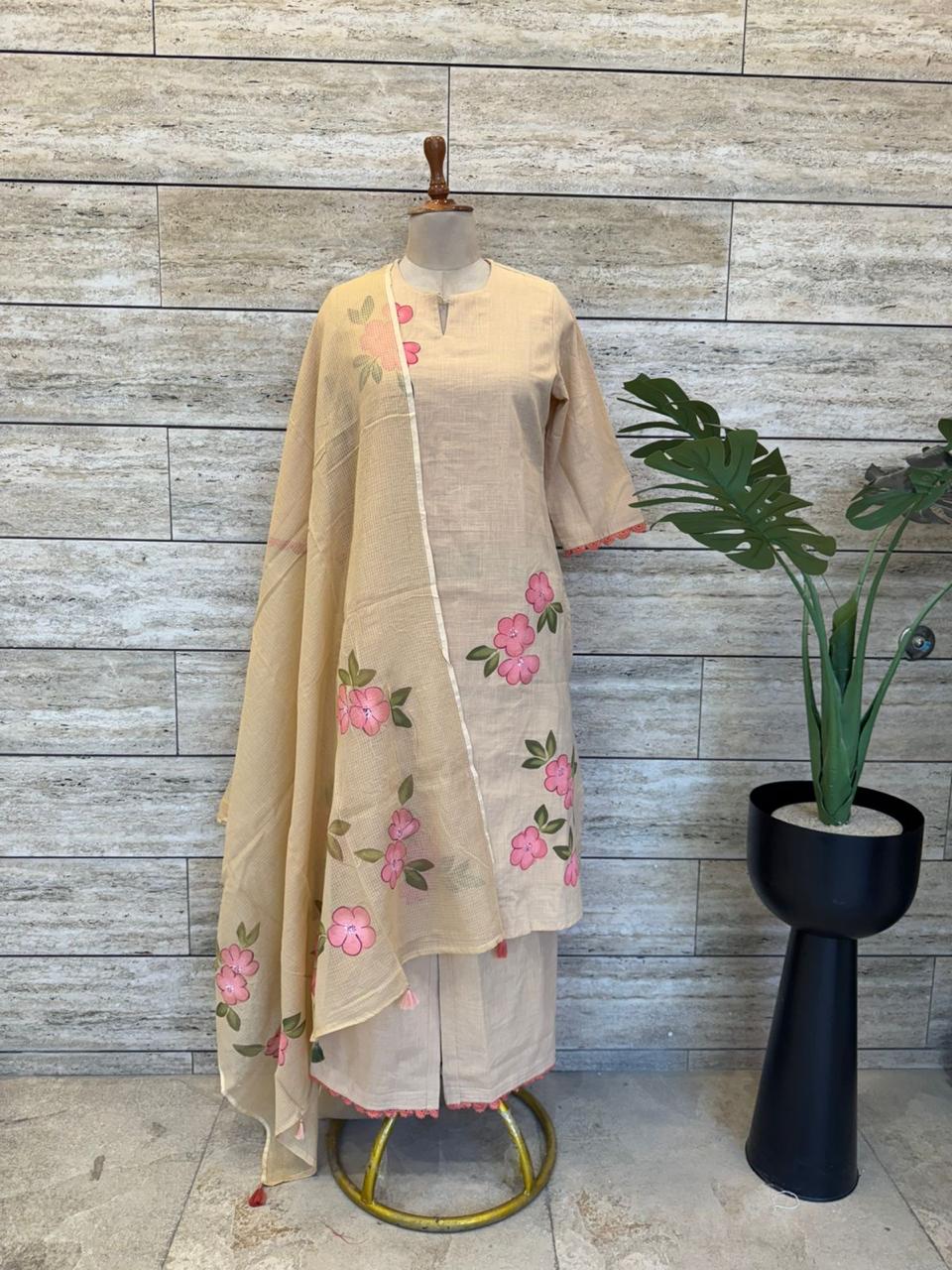 HAND BRUSH PAINTED BEIGE KOTA SUIT