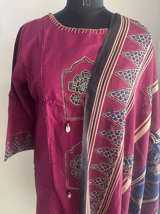 WINE AJRAKH COTTON SUIT