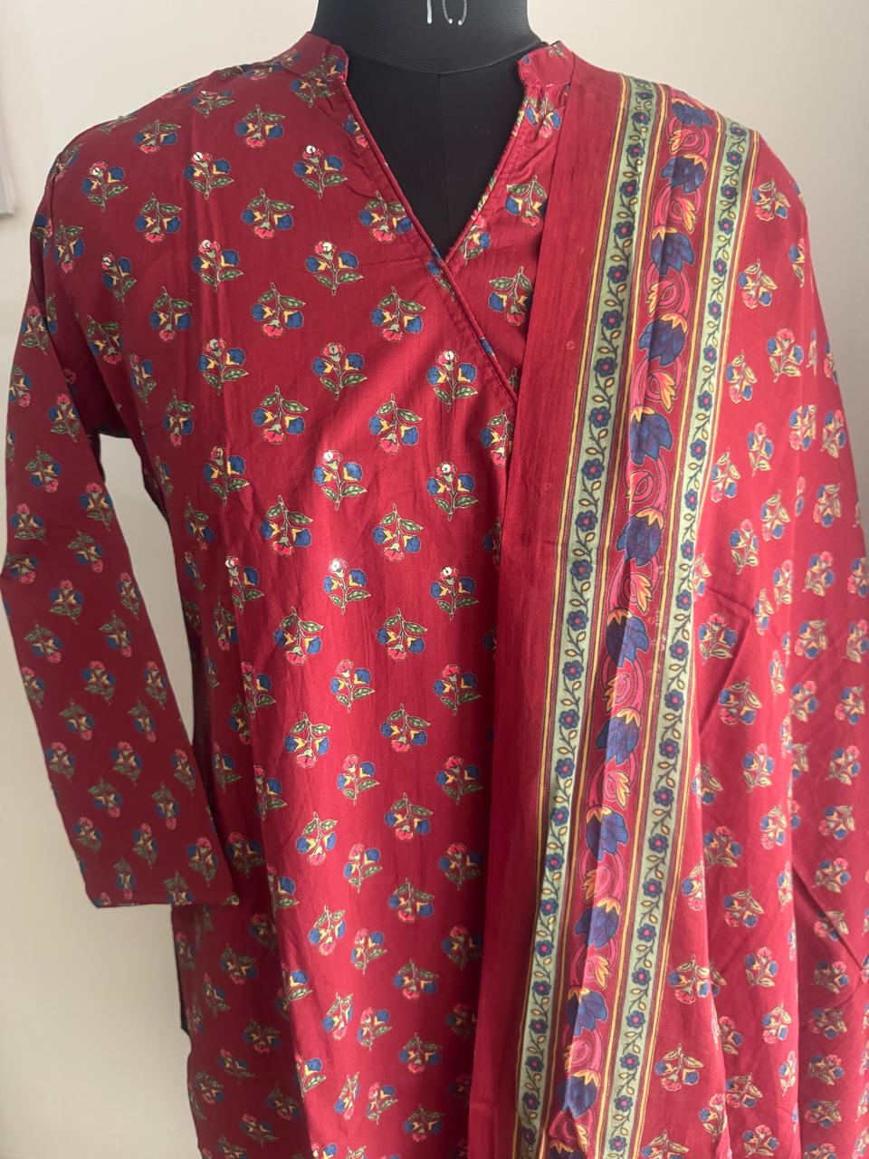 MAROON ANGHRAKA COTTON SUIT