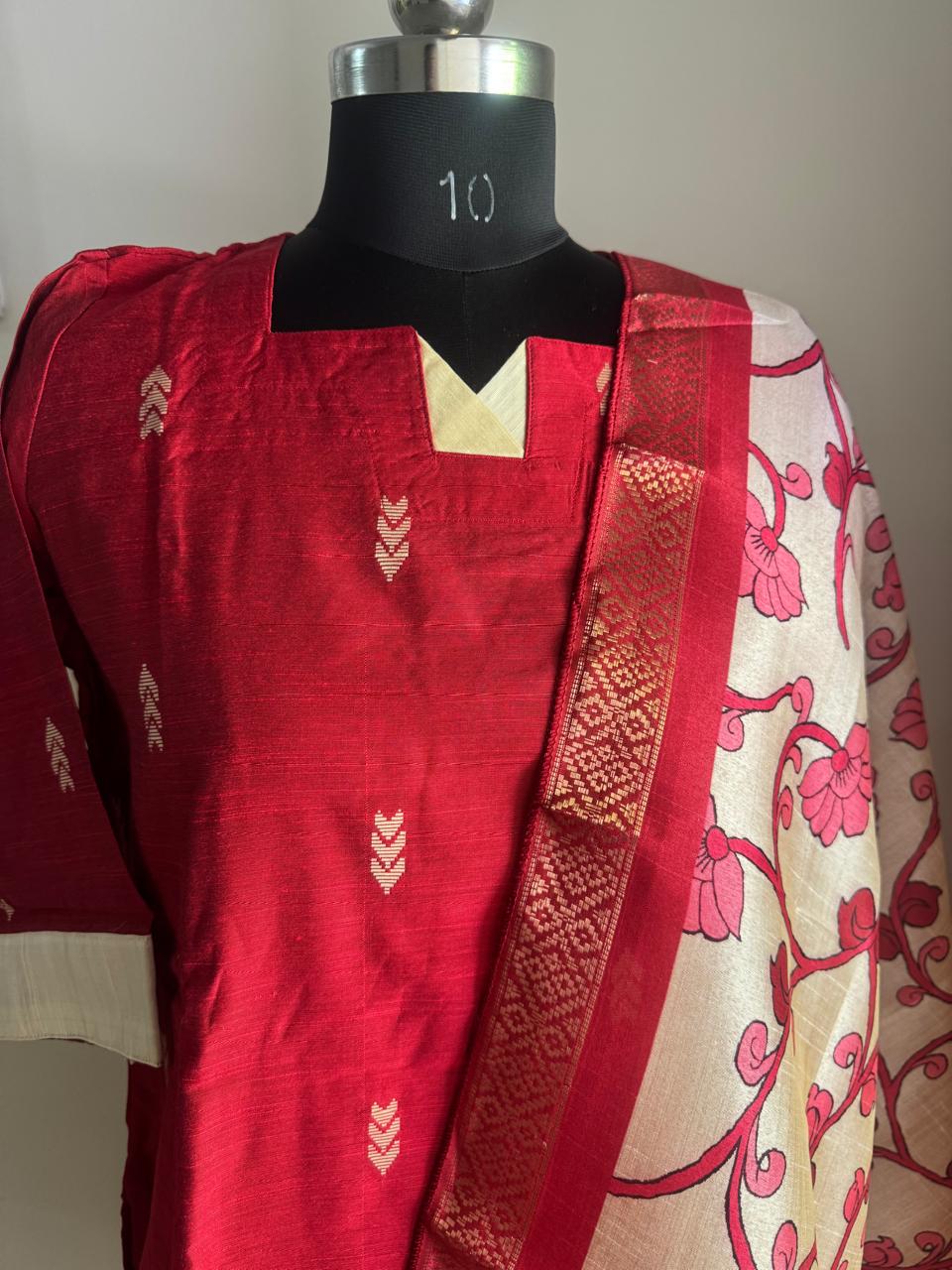 CHERRY RED RAW SILK SUIT