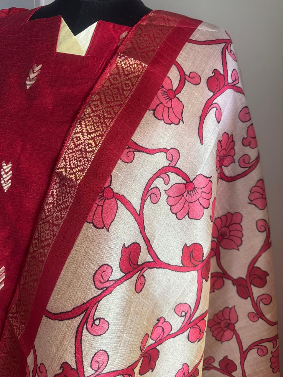 CHERRY RED RAW SILK SUIT